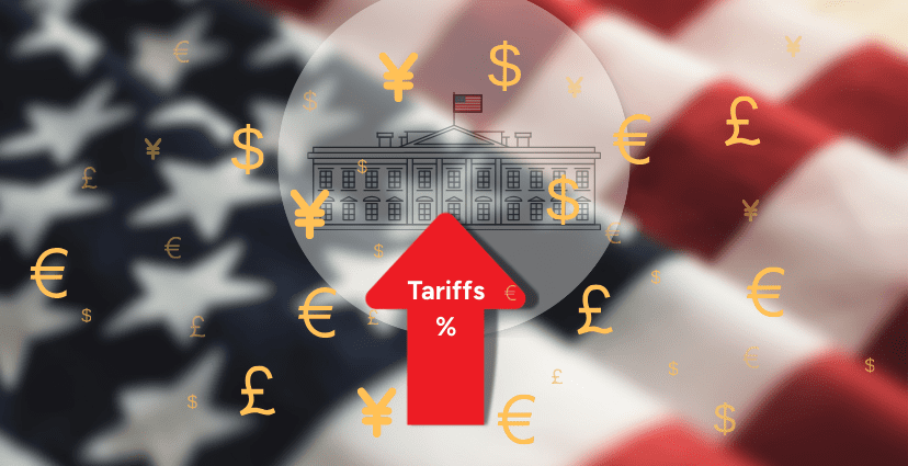 Tariff % arrow with USA flag